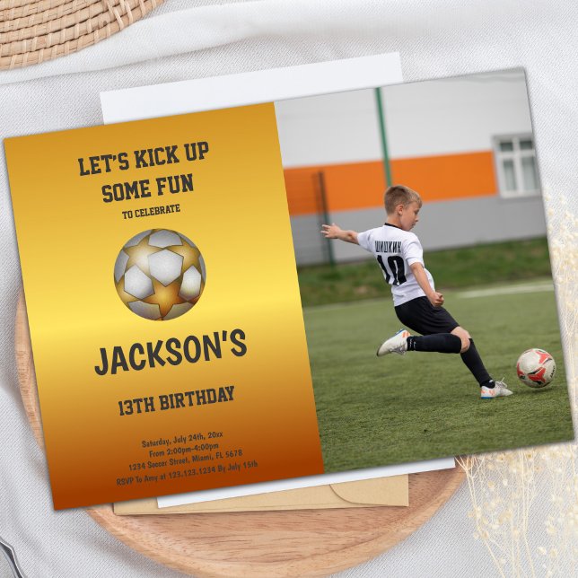 Elegant Guld och Orange - inbjudan till födelsedag (Gold Orange Soccer Birthday Invitations w photo)