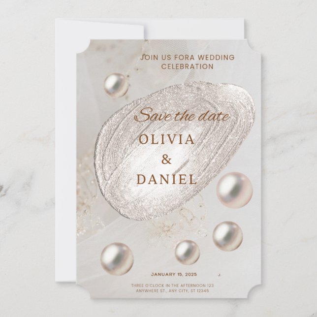 Elegant guld- och pärl-spara datum-kort inbjudningar (Framsida)