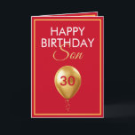 Elegant Guld och Red Balloon Son 30års födelsedag Kort<br><div class="desc">Elegant Guld och Red Balloon Son 30års födelsedag, en unik design som är gjord för alla som tittar något speciellt för sin son på sin födelsedag. Utformningen har en fin gyllene ballong i framsidan med anpassade som du kan anpassa, så tveka inte att anpassa den för att göra din egen...</div>