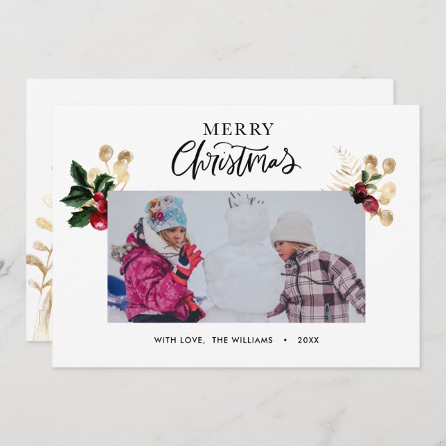 Elegant Guld och Red Holly Berries Snyggt Script Julkort (Fram/baksida)