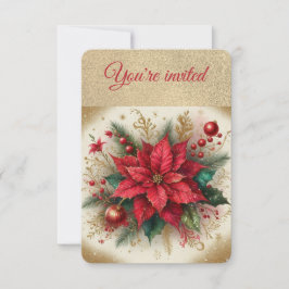 Elegant Guld och Red Poinsettia jul Party Inbjudningar
