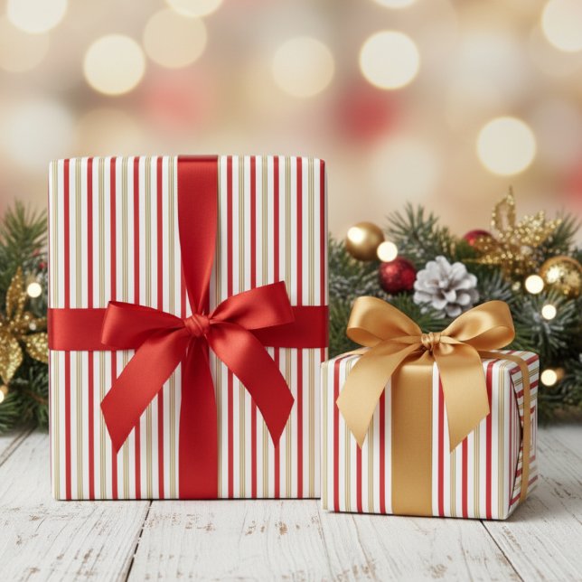 Elegant guld- och röd godisrand pinstripemönster presentpapper (Elegant Gold & Red Pinstripe Pattern Christmas Wrapping Paper. Modern Thin Red & Gold Lines Stripes)