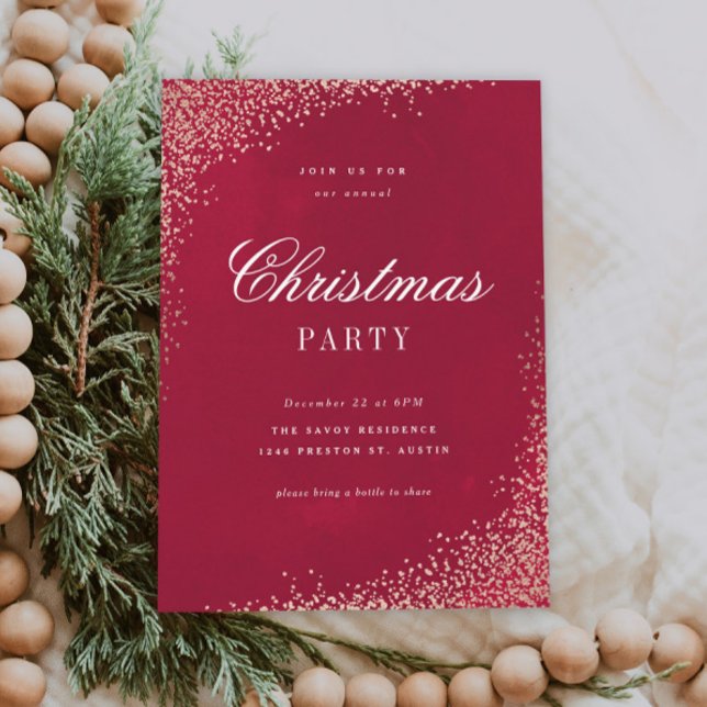 Elegant guld- och röd julfest inbjudningar (Elegant red Christmas party invitations.)