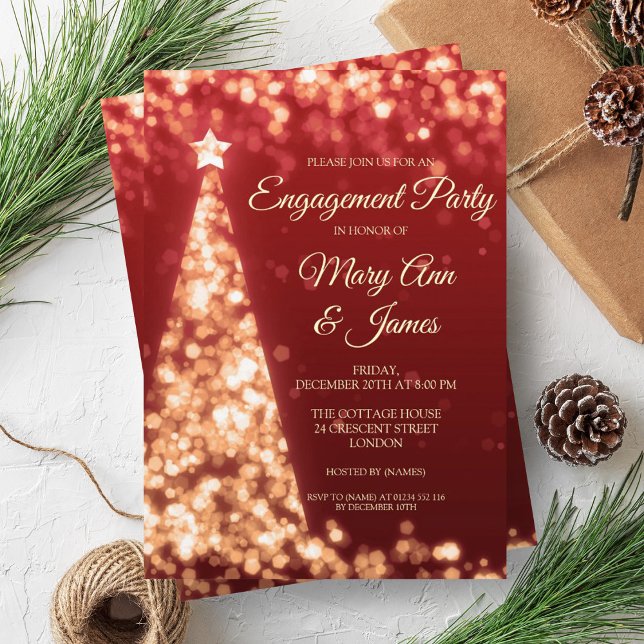 Elegant Guld och Röda julen, Förlovningsfest Inbjudningar (Elegant Gold & Red Christmas Engagement Party Invitation)
