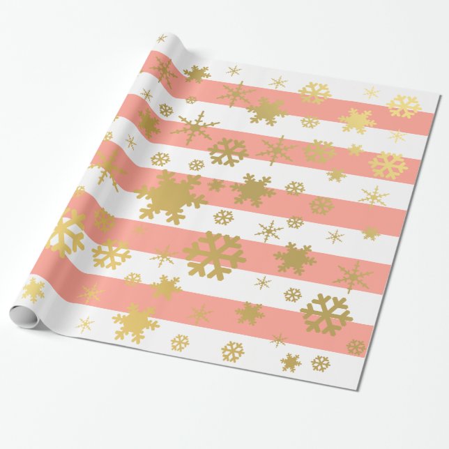 Elegant Guld och Rosa Jul Snowflake Mönster Presentpapper (Utrullad)