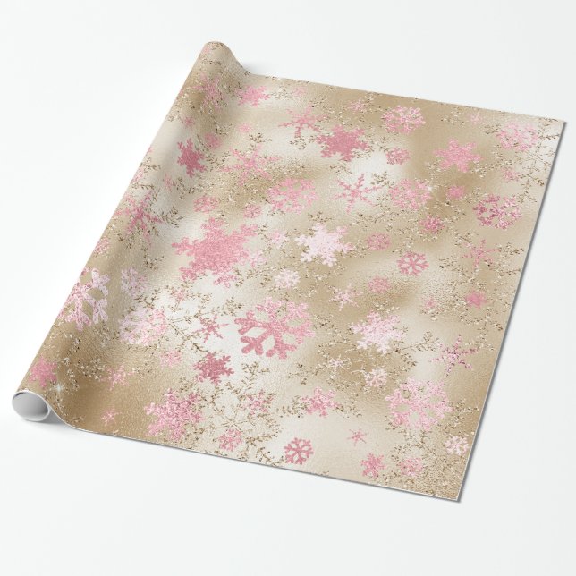 Elegant Guld och Rosa Jul Snowflake Mönster Presentpapper (Utrullad)