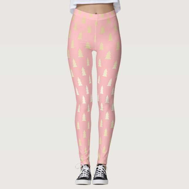 Elegant Guld och Rosa Julgran Mönster Leggings (Framsida)