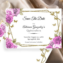 Elegant Guld och Rosa Rosor Quinceanera Spara Datumet