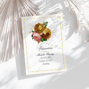 Elegant guld- och rosafärgad blomster-quinceañera- inbjudningar