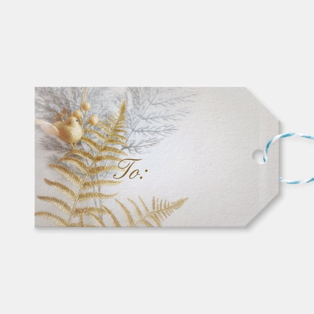 Elegant Guld och Silver Bird and Löv Festive Presentetikett (Framsidan (Horisontell))