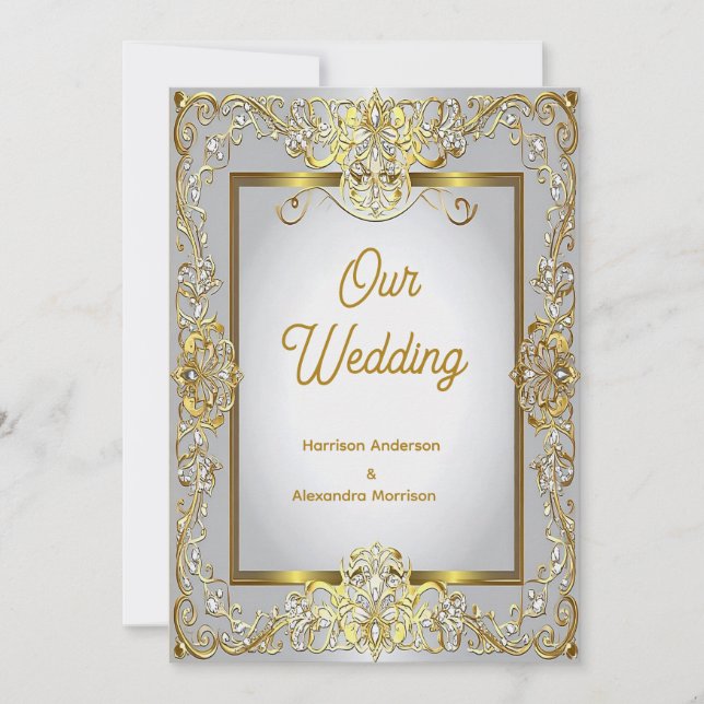 Elegant guld- och silverbröllopsinbjudan – Ornamen Inbjudningar (Framsida)