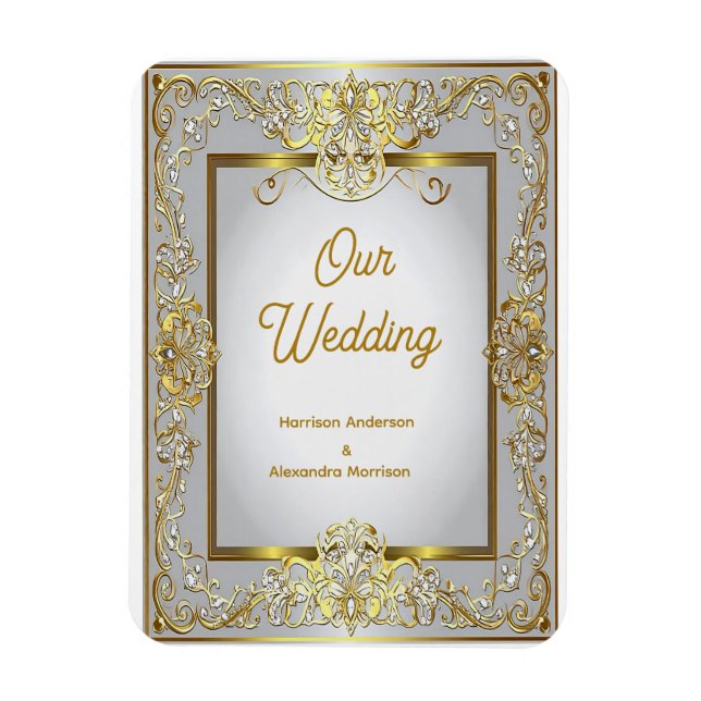 Elegant guld- och silverbröllopsinbjudan – Ornamen Magnet (Vertikal)