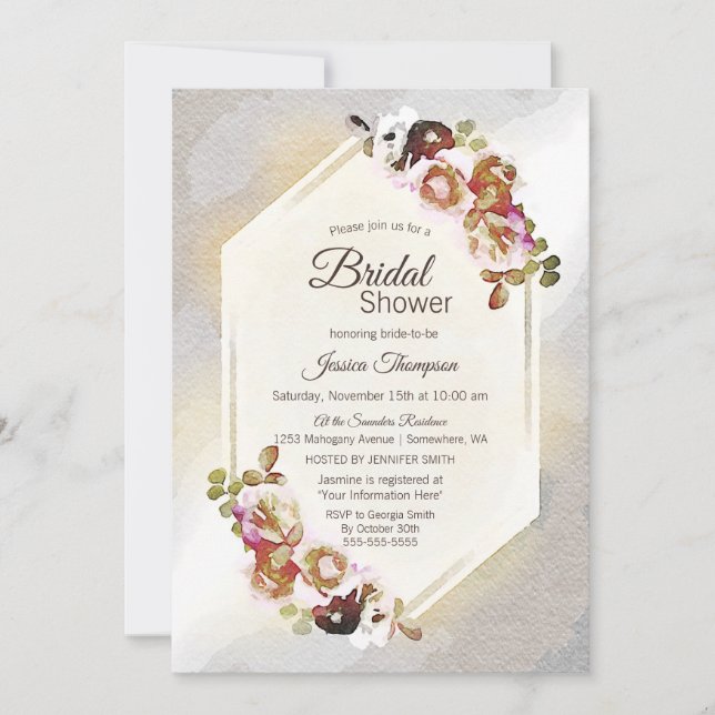 Elegant guld- och silvervattenfärg blommig inbjudningar (Framsida)