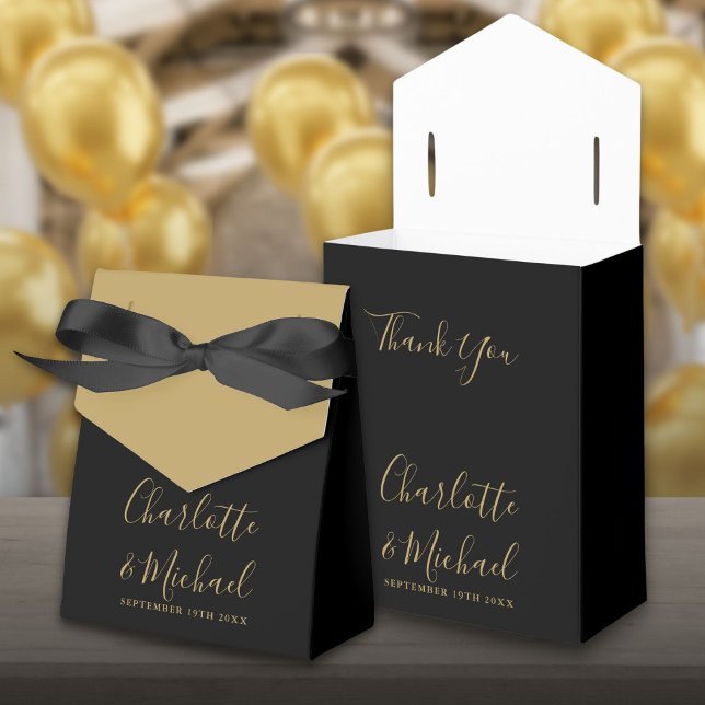 Elegant guld- och svart bröllopsskrift presentaskar (Elegant Gold And Black Script Wedding Favor Box)