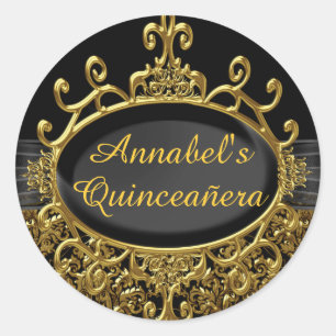 Elegant guld- och svart damask Quinceanera-dekal Runt Klistermärke