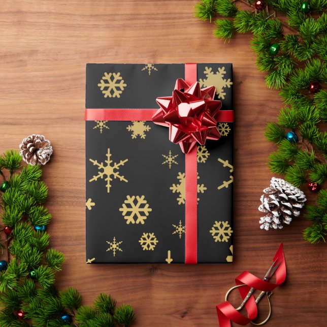 Elegant Guld och svart jul Snowflake Mönster Presentpapper (Julgåva)