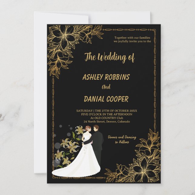 Elegant guld och svart kant blommande bröllop  inbjudningar (Framsida)