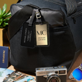 Elegant Guld och svart metallisk monogrammad Namn Bagagebricka