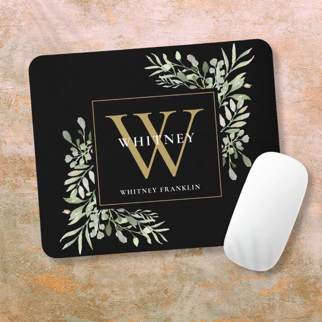 Elegant guld- och svart monogram grönska blomster musmatta (Elegant Gold and Black Monogram Greenery Floral Mouse Pad)