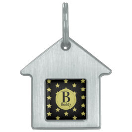 Elegant guld- och svart stjärnmönster monogram ID-bricka husdjur