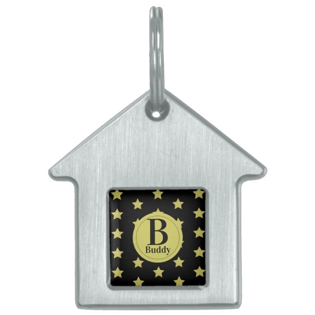 Elegant guld- och svart stjärnmönster monogram ID-bricka husdjur (Framsidan)
