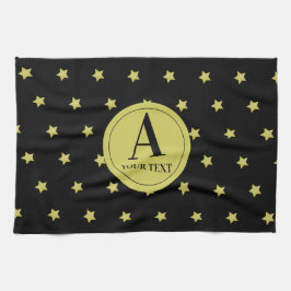 Elegant guld- och svart stjärnmönster monogram kökshandduk