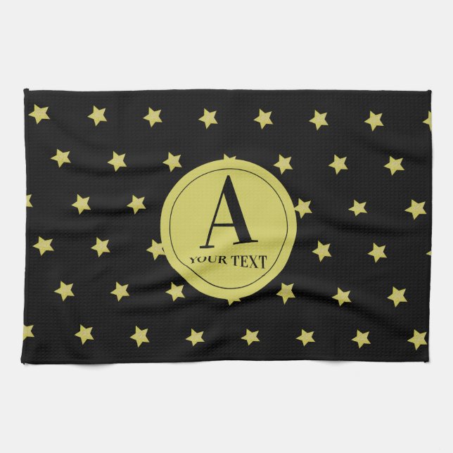 Elegant guld- och svart stjärnmönster monogram kökshandduk (Horisontell)