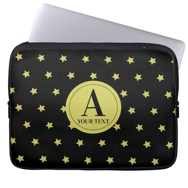 Elegant guld- och svart stjärnmönster monogram laptop fodral (Framsidan)
