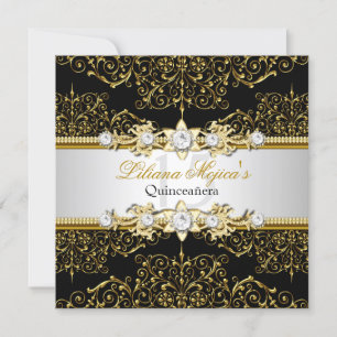 Elegant guld- och svart virvel Damask Quinceanera Inbjudningar