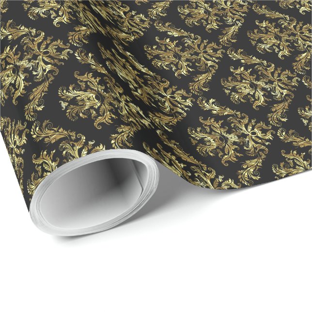 Elegant Guld och Svarta Blommönstret Presentpapper (Rullad Hörn)