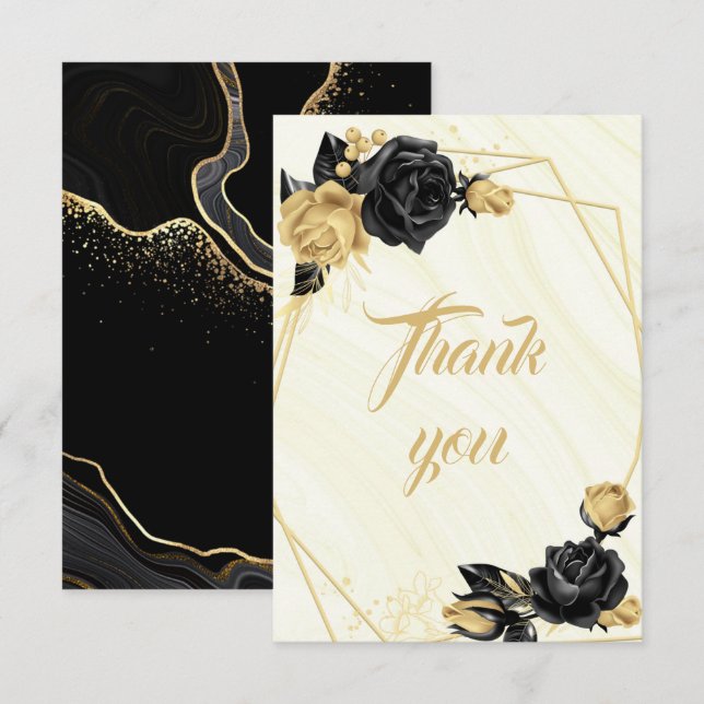 elegant guld och svarta blommor botaniska tack kort (Fram/baksida)