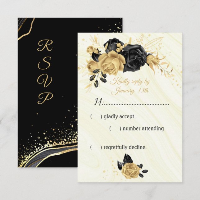 Elegant guld och svarta blommor OSA kort (Fram/baksida)