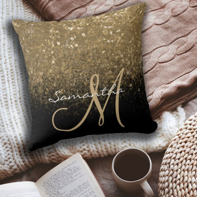 Elegant Guld och Svarta Glitter Monogram Namn Kudde (Skapare uppladdad)