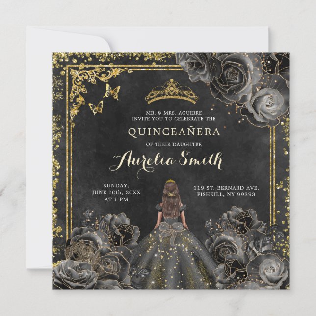 Elegant Guld och Svarta Rosor Princess Quinceañera Inbjudningar (Framsida)