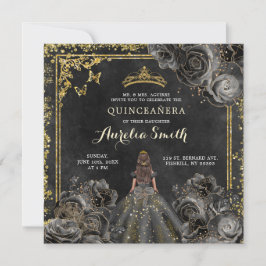 Elegant Guld och Svarta Rosor Princess Quinceañera Inbjudningar