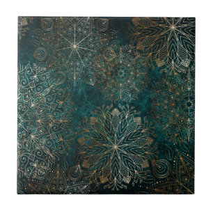 Elegant Guld och Teal Grönt Blommigt Mandala Mön Kakelplatta