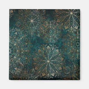Elegant Guld och Teal Grönt Blommigt Mandala Mön Magnet
