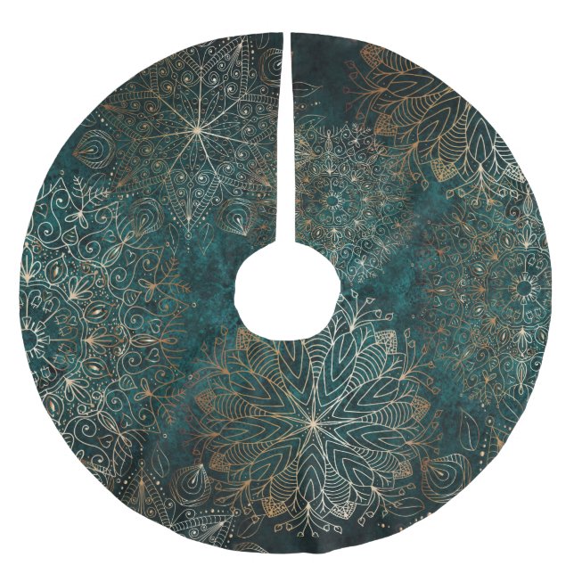 Elegant Guld och Teal Grönt Blommigt Mandala Mönst Julgransmatta Borstad Polyester (Framsidan)