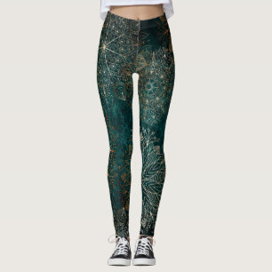 Elegant Guld och Teal Grönt Blommigt Mandala Mönst Leggings