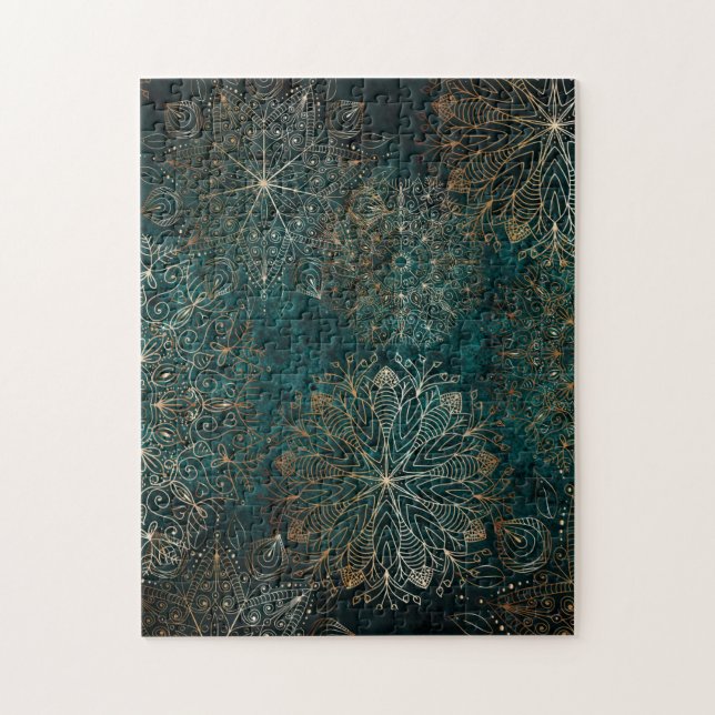 Elegant Guld och Teal Grönt Blommigt Mandala Mönst Pussel (Vertikal)