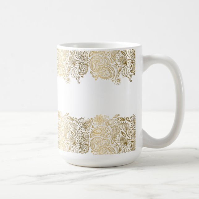 Elegant Guld och vit Blommigt Paisley Kaffemugg (Höger)