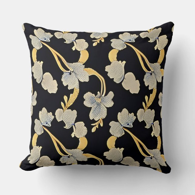 Elegant guld- och vit blomsterdesign kudde (Framsida)