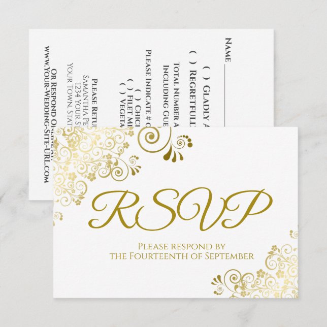 Elegant guld- och vit bröllops-RSVP nedladdningsba Inbjudningar (Fram/baksida)
