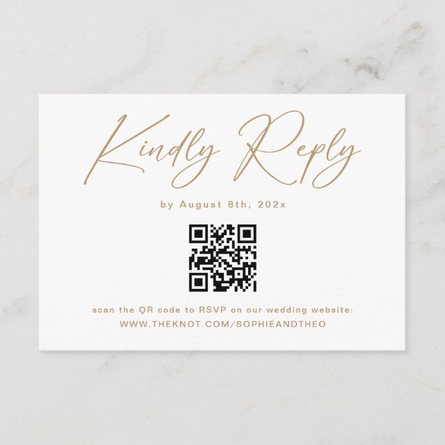 Elegant guld- och vit bröllops-RSVP Qr-kod  Tilläggskort (Framsida)
