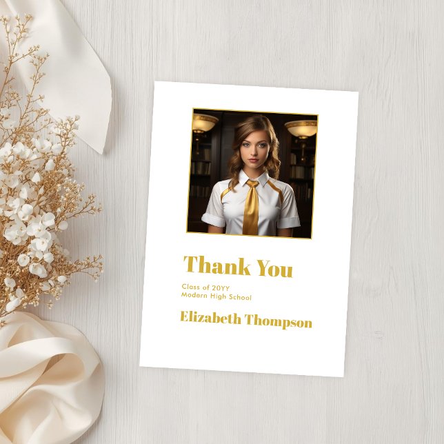 Elegant guld- och vit examensfoto tack kort (Elegant Gold and White Graduation Photo Thank You Card)