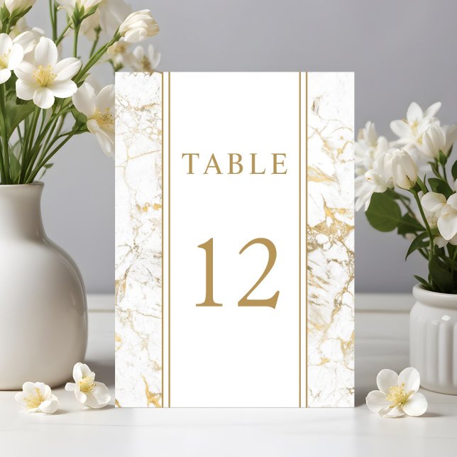 Elegant guld- och vit marmorbröllop bordsnummer (Elegant Gold & White Marble Wedding Table Number)