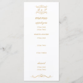 Elegant guld- och vit monogrambröllopsmeny
