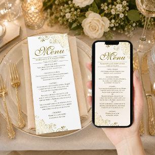 Elegant guld- och vit nedladdningsbar bröllopsmeny kort