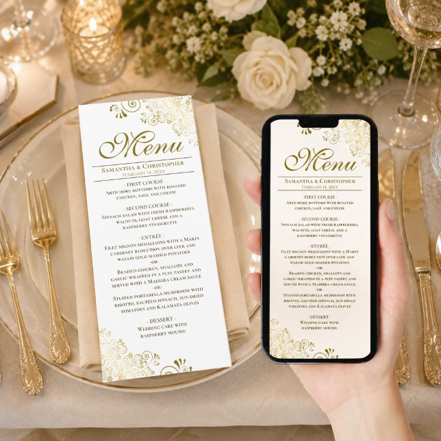 Elegant guld- och vit nedladdningsbar bröllopsmeny kort (Available as Printed Cards or as a Digital Download)