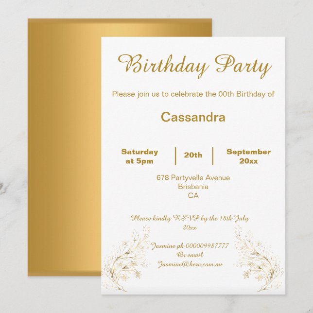 ELEGANT GULD OCH VITA ANPASSNINGSBAR BIRTHDAY INBJUDNINGAR (Fram/baksida)